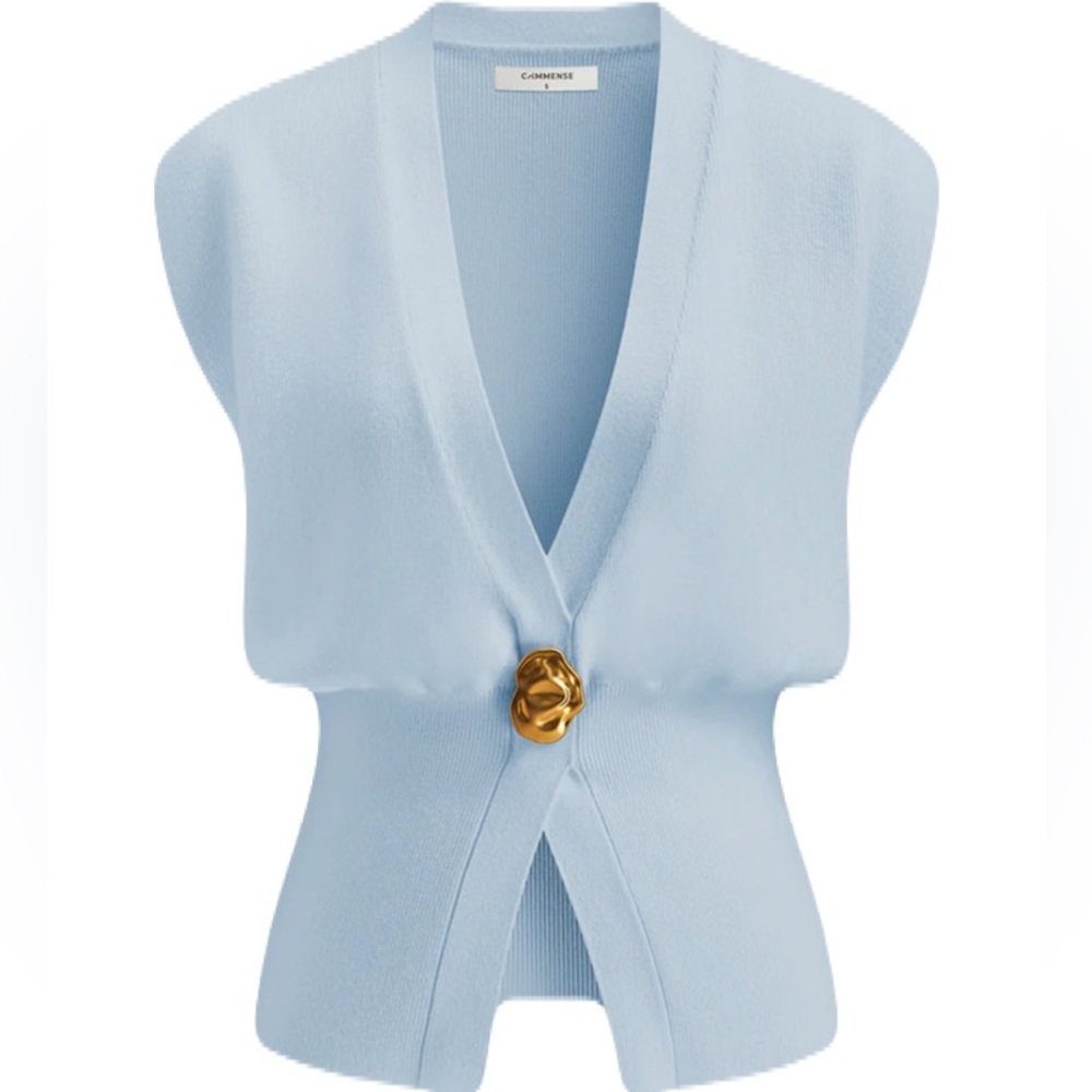 NWT Commense Sky Blue Knit Sweater Vest with Gold Accent-Size S